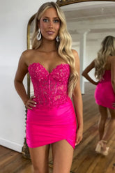 Short Fuchsia Corset Hoco Dress Bodycon Sweetheart with Beading